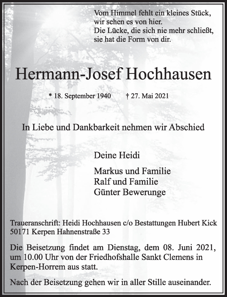  Traueranzeige für Hermann-Josef Hochhausen vom 04.06.2021 aus  Werbepost 