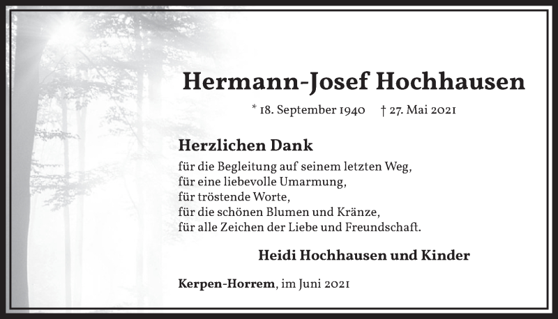  Traueranzeige für Hermann-Josef Hochhausen vom 18.06.2021 aus  Werbepost 