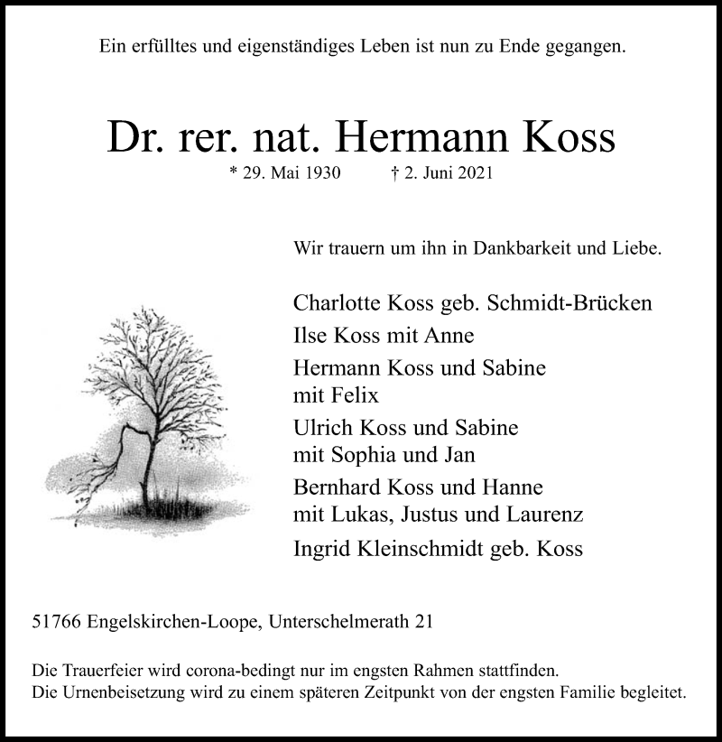  Traueranzeige für Hermann Koss vom 09.06.2021 aus Kölner Stadt-Anzeiger / Kölnische Rundschau / Express