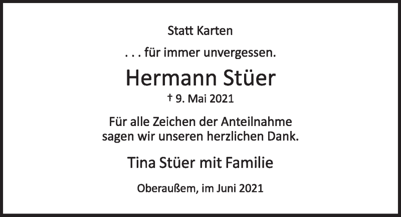  Traueranzeige für Hermann Stüer vom 11.06.2021 aus  Werbepost 