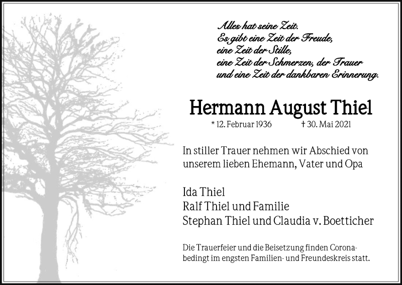  Traueranzeige für Hermann August Thiel vom 05.06.2021 aus Kölner Stadt-Anzeiger / Kölnische Rundschau / Express