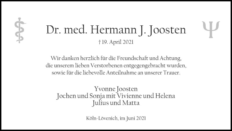  Traueranzeige für Hermann J. Joosten vom 26.06.2021 aus Kölner Stadt-Anzeiger / Kölnische Rundschau / Express