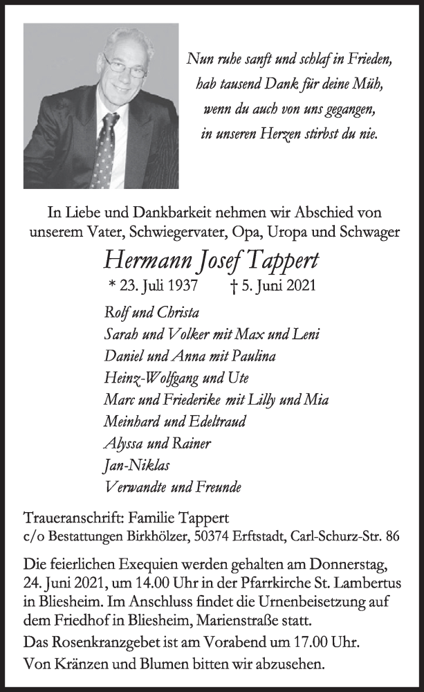  Traueranzeige für Hermann Josef Tappert vom 18.06.2021 aus  Werbepost 