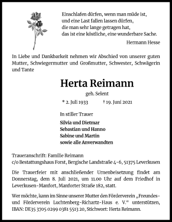 Anzeige von Herta Reimann von Kölner Stadt-Anzeiger / Kölnische Rundschau / Express