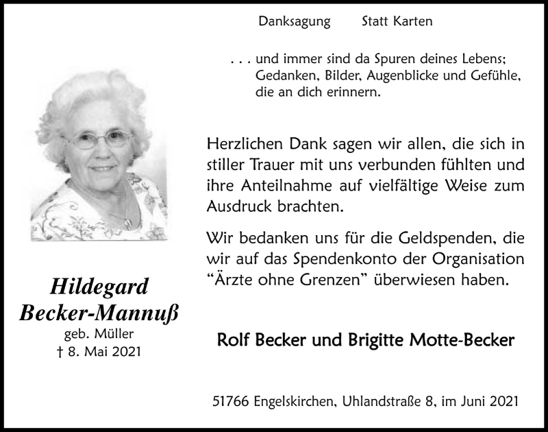  Traueranzeige für Hildegard Becker-Mannuß vom 18.06.2021 aus  Anzeigen Echo 