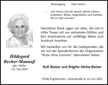 Anzeige von Hildegard Becker-Mannuß von  Anzeigen Echo 