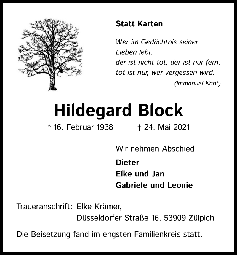  Traueranzeige für Hildegard Block vom 12.06.2021 aus Kölner Stadt-Anzeiger / Kölnische Rundschau / Express