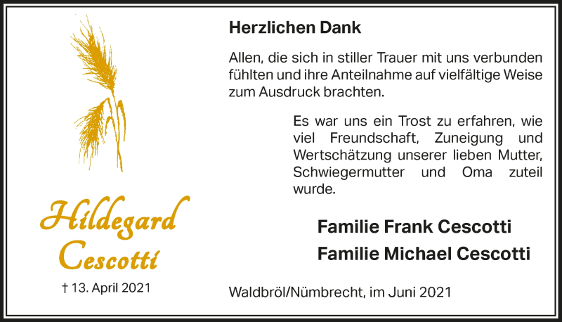  Traueranzeige für Hildegard Cescotti vom 04.06.2021 aus  Lokalanzeiger 