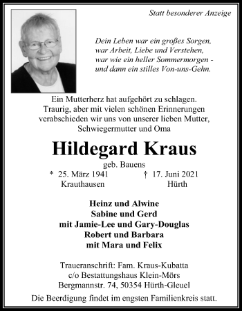 Anzeige von Hildegard Kraus von Kölner Stadt-Anzeiger / Kölnische Rundschau / Express