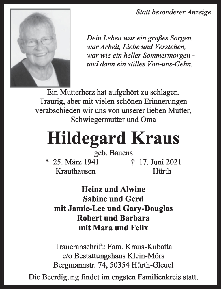  Traueranzeige für Hildegard Kraus vom 25.06.2021 aus  Wochenende 