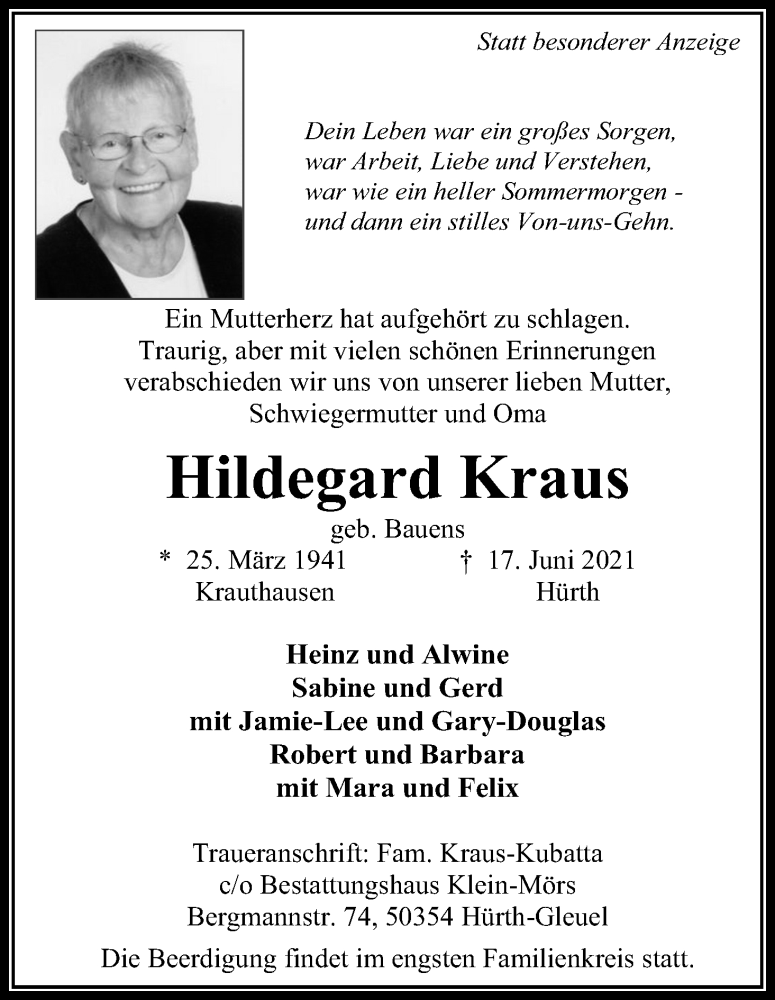  Traueranzeige für Hildegard Kraus vom 23.06.2021 aus Kölner Stadt-Anzeiger / Kölnische Rundschau / Express