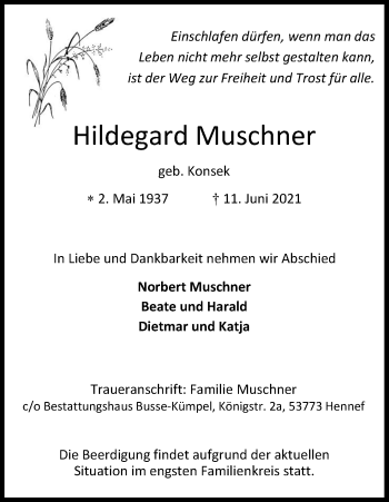 Anzeige von HildegardMuschner Muschner von Kölner Stadt-Anzeiger / Kölnische Rundschau / Express