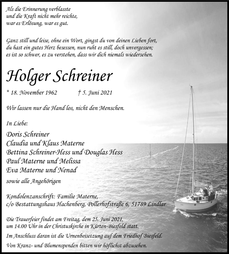  Traueranzeige für Holger Schreiner vom 11.06.2021 aus  Bergisches Handelsblatt 