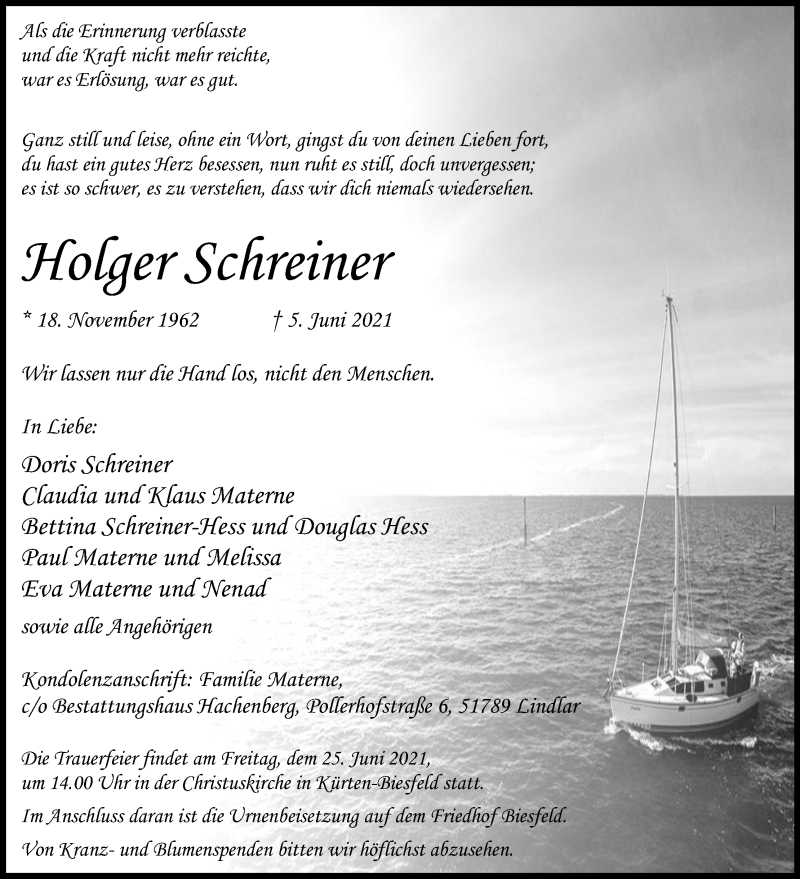  Traueranzeige für Holger Schreiner vom 12.06.2021 aus Kölner Stadt-Anzeiger / Kölnische Rundschau / Express