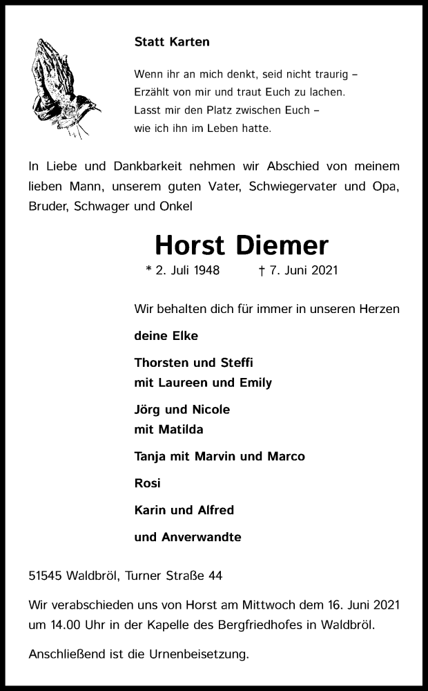  Traueranzeige für Horst Diemer vom 12.06.2021 aus Kölner Stadt-Anzeiger / Kölnische Rundschau / Express
