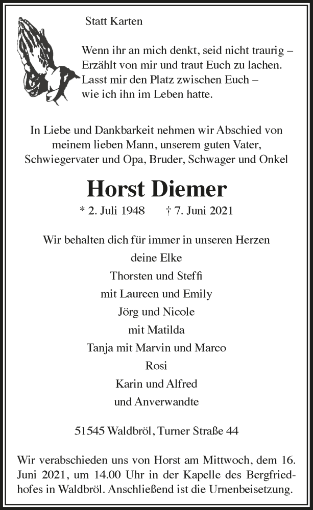  Traueranzeige für Horst Diemer vom 11.06.2021 aus  Lokalanzeiger 