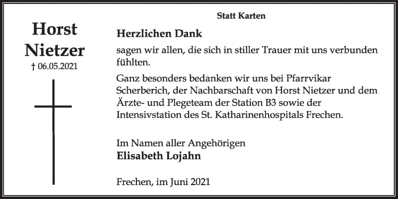  Traueranzeige für Horst Nietzer vom 04.06.2021 aus  Wochenende 