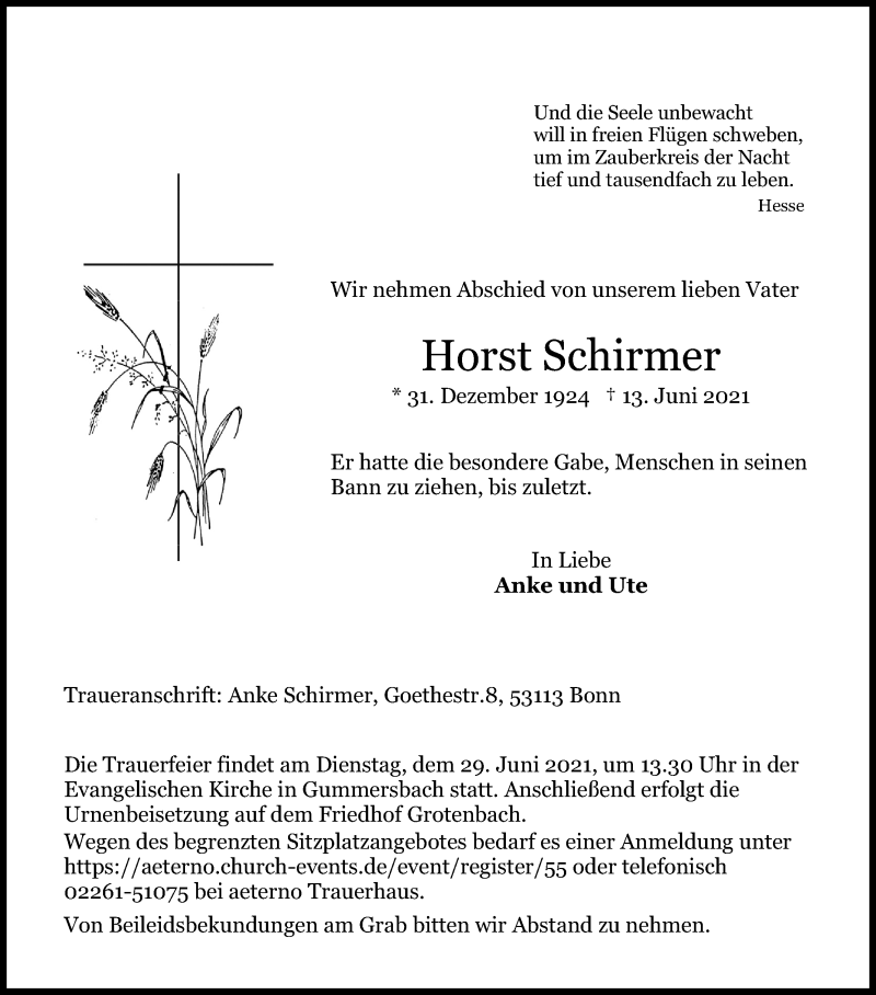  Traueranzeige für Horst Schirmer vom 23.06.2021 aus Kölner Stadt-Anzeiger / Kölnische Rundschau / Express