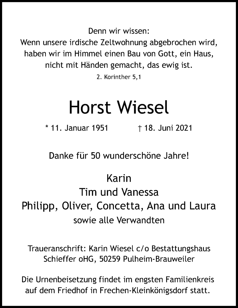  Traueranzeige für Horst Wiesel vom 26.06.2021 aus Kölner Stadt-Anzeiger / Kölnische Rundschau / Express