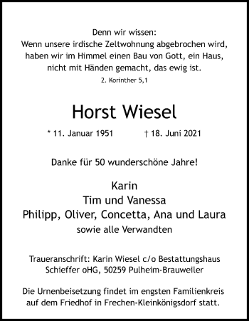 Anzeige von Horst Wiesel von Kölner Stadt-Anzeiger / Kölnische Rundschau / Express