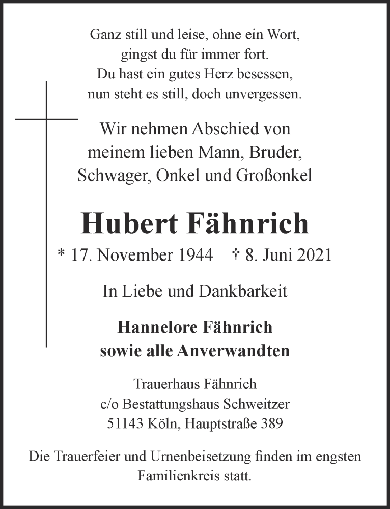  Traueranzeige für Hubert Fähnrich vom 18.06.2021 aus  Kölner Wochenspiegel 