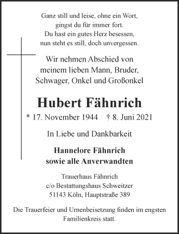 Anzeige von Hubert Fähnrich von  Kölner Wochenspiegel 