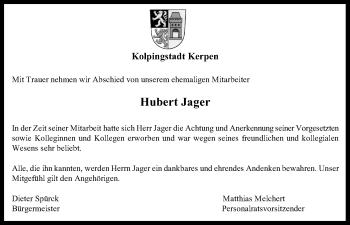 Anzeige von Hubert Jager von Kölner Stadt-Anzeiger / Kölnische Rundschau / Express