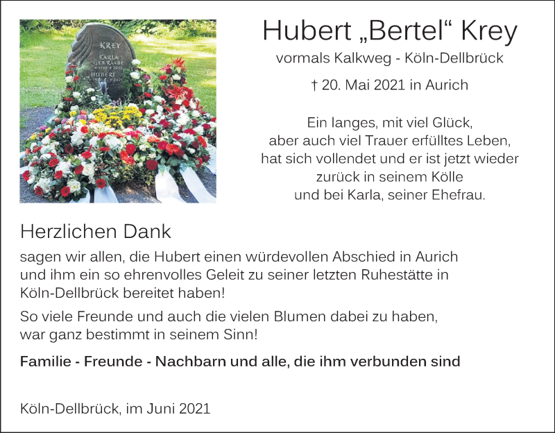  Traueranzeige für Hubert  Krey vom 26.06.2021 aus Kölner Stadt-Anzeiger / Kölnische Rundschau / Express