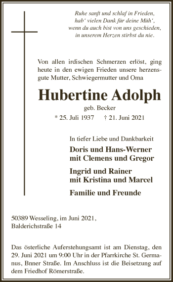 Anzeige von Hubertine Adolph von  Schlossbote/Werbekurier 