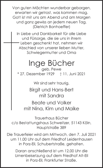 Anzeige von Inge Bücher von  Kölner Wochenspiegel 