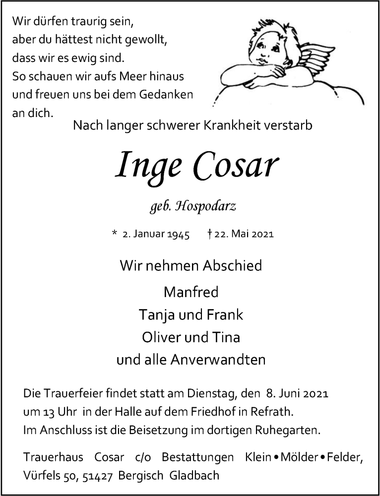 Traueranzeige für Inge Cosar vom 04.06.2021 aus  Bergisches Handelsblatt 