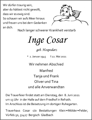Anzeige von Inge Cosar von  Bergisches Handelsblatt 