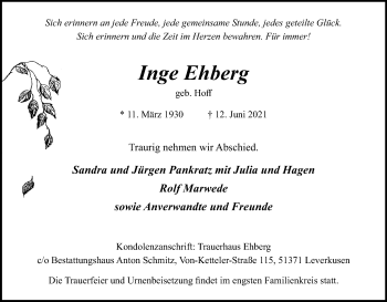 Anzeige von Inge Ehberg von Kölner Stadt-Anzeiger / Kölnische Rundschau / Express