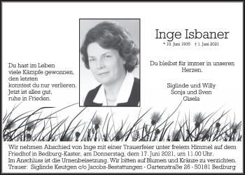 Anzeige von Inge Isbaner von  Werbepost 