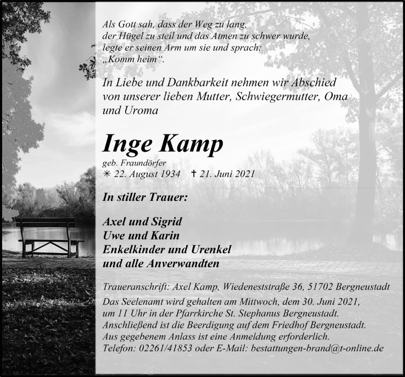  Traueranzeige für Inge Kamp vom 25.06.2021 aus  Anzeigen Echo 