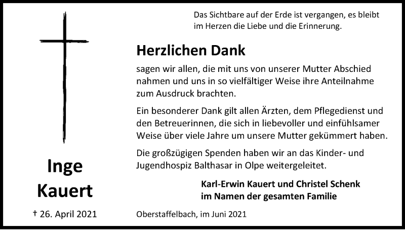  Traueranzeige für Inge Kauert vom 25.06.2021 aus Kölner Stadt-Anzeiger / Kölnische Rundschau / Express