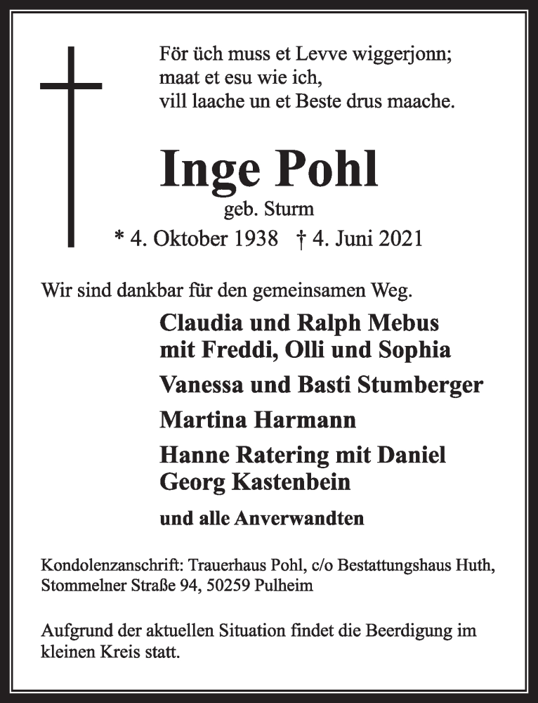  Traueranzeige für Inge Pohl vom 11.06.2021 aus  Wochenende 