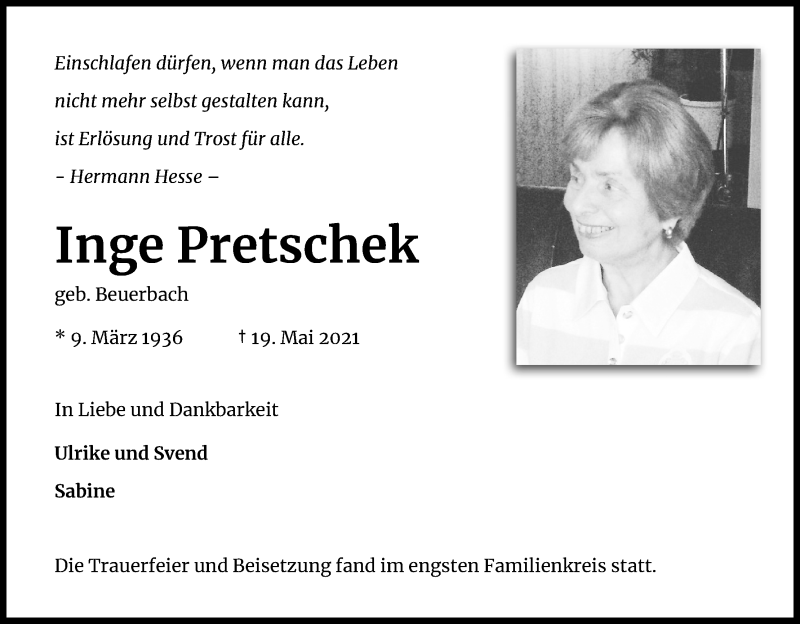  Traueranzeige für Inge Pretschek vom 23.06.2021 aus Kölner Stadt-Anzeiger / Kölnische Rundschau / Express