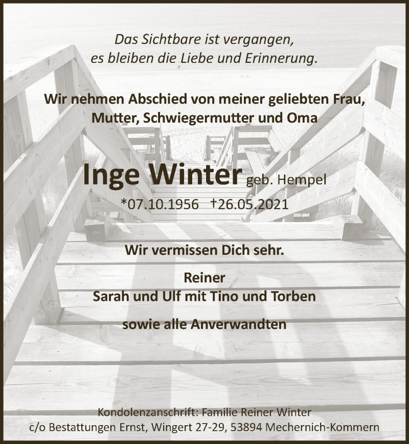  Traueranzeige für Inge Winter vom 12.06.2021 aus  Blickpunkt Euskirchen 