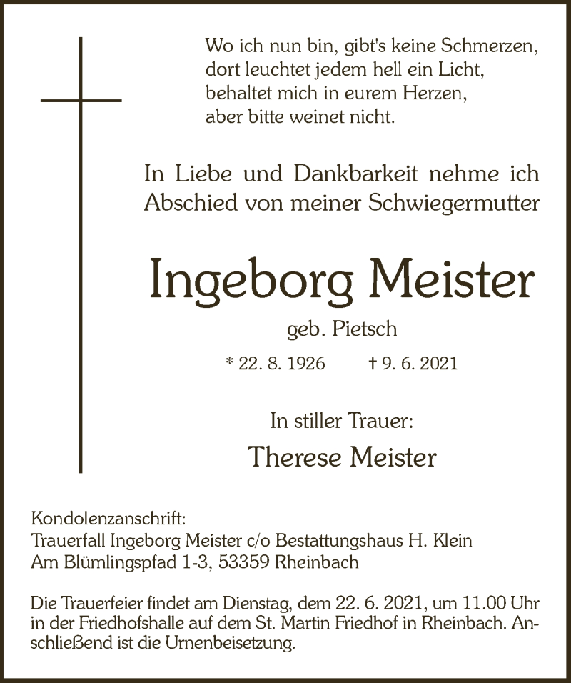  Traueranzeige für Ingeborg Meister vom 18.06.2021 aus  Schaufenster/Blickpunkt 