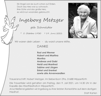 Anzeige von Ingeborg Metzger von Kölner Stadt-Anzeiger / Kölnische Rundschau / Express