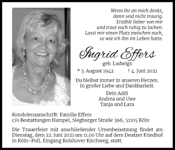 Anzeige von Ingrid Effers von Kölner Stadt-Anzeiger / Kölnische Rundschau / Express