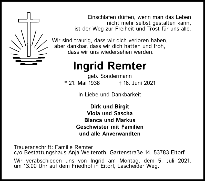  Traueranzeige für Ingrid Remter vom 26.06.2021 aus Kölner Stadt-Anzeiger / Kölnische Rundschau / Express