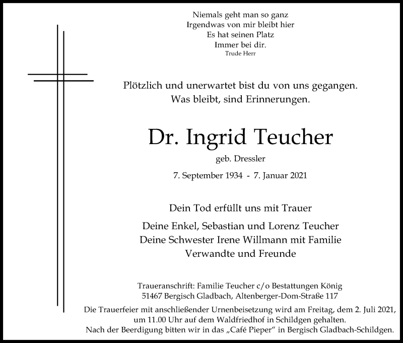 Traueranzeige für Ingrid Teucher vom 26.06.2021 aus Kölner Stadt-Anzeiger / Kölnische Rundschau / Express