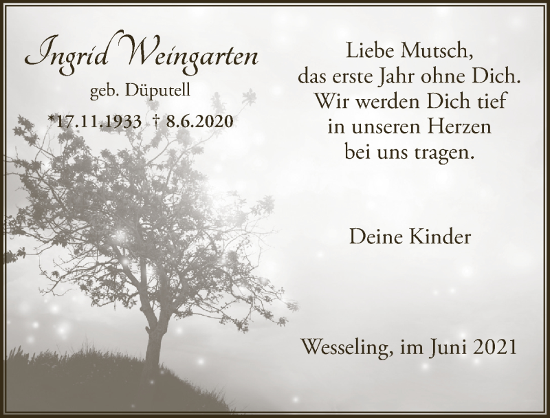  Traueranzeige für Ingrid Weingarten vom 04.06.2021 aus  Schlossbote/Werbekurier 