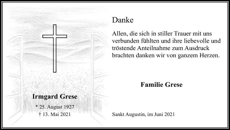  Traueranzeige für Irmgard Grese vom 19.06.2021 aus Kölner Stadt-Anzeiger / Kölnische Rundschau / Express