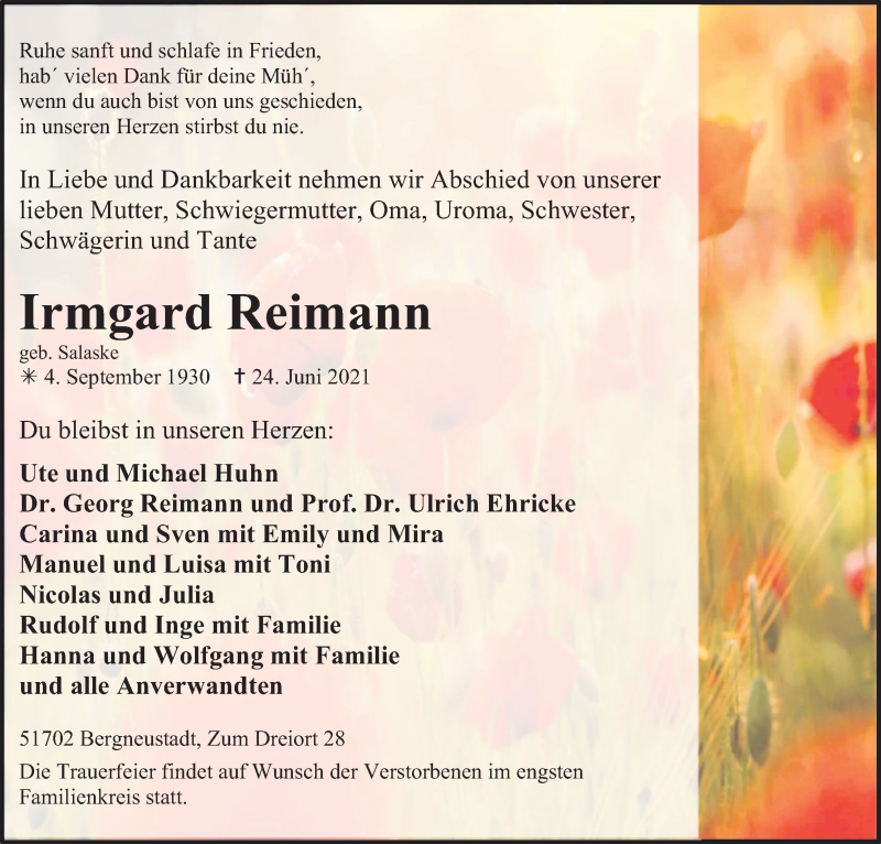  Traueranzeige für Irmgard Reimann vom 29.06.2021 aus Kölner Stadt-Anzeiger / Kölnische Rundschau / Express