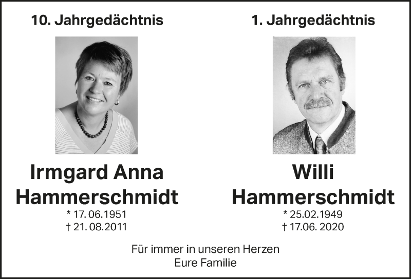  Traueranzeige für Irmgard Anna Hammerschmidt vom 18.06.2021 aus  Bergisches Handelsblatt 