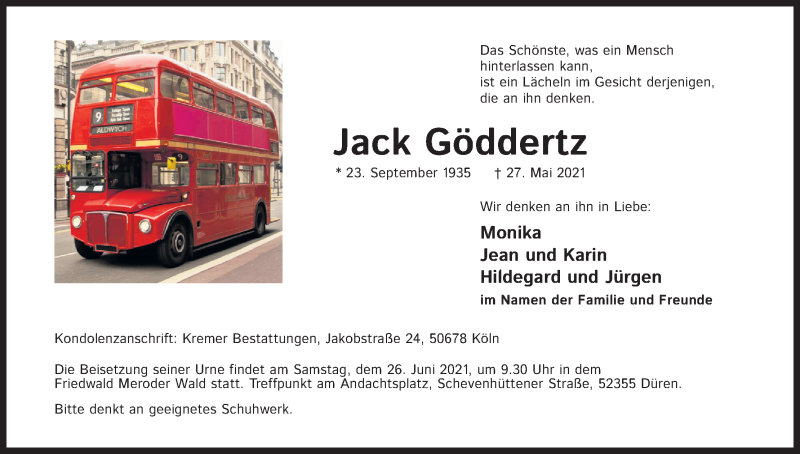  Traueranzeige für Jack Göddertz vom 19.06.2021 aus Kölner Stadt-Anzeiger / Kölnische Rundschau / Express
