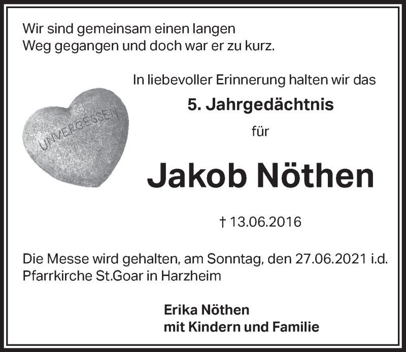  Traueranzeige für Jakob Nöthen vom 26.06.2021 aus  Blickpunkt Euskirchen 